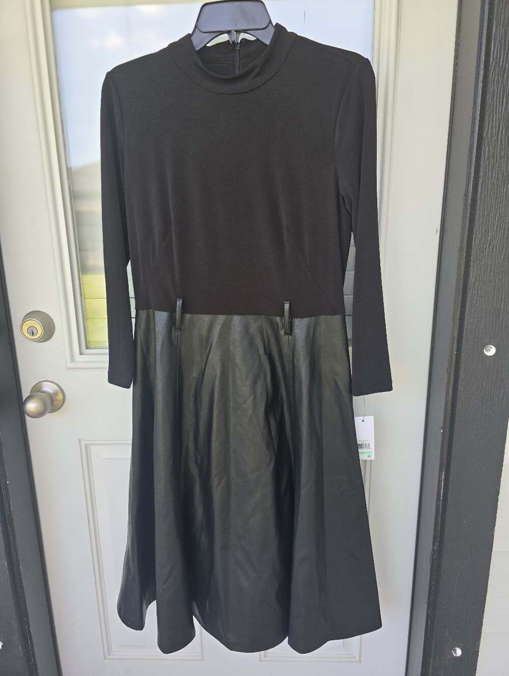 Calvin Klein Black Faux Leather Skirt Dress 8 Mock Neck Fit Flare No Belt FLAW - Picture 2 of 8